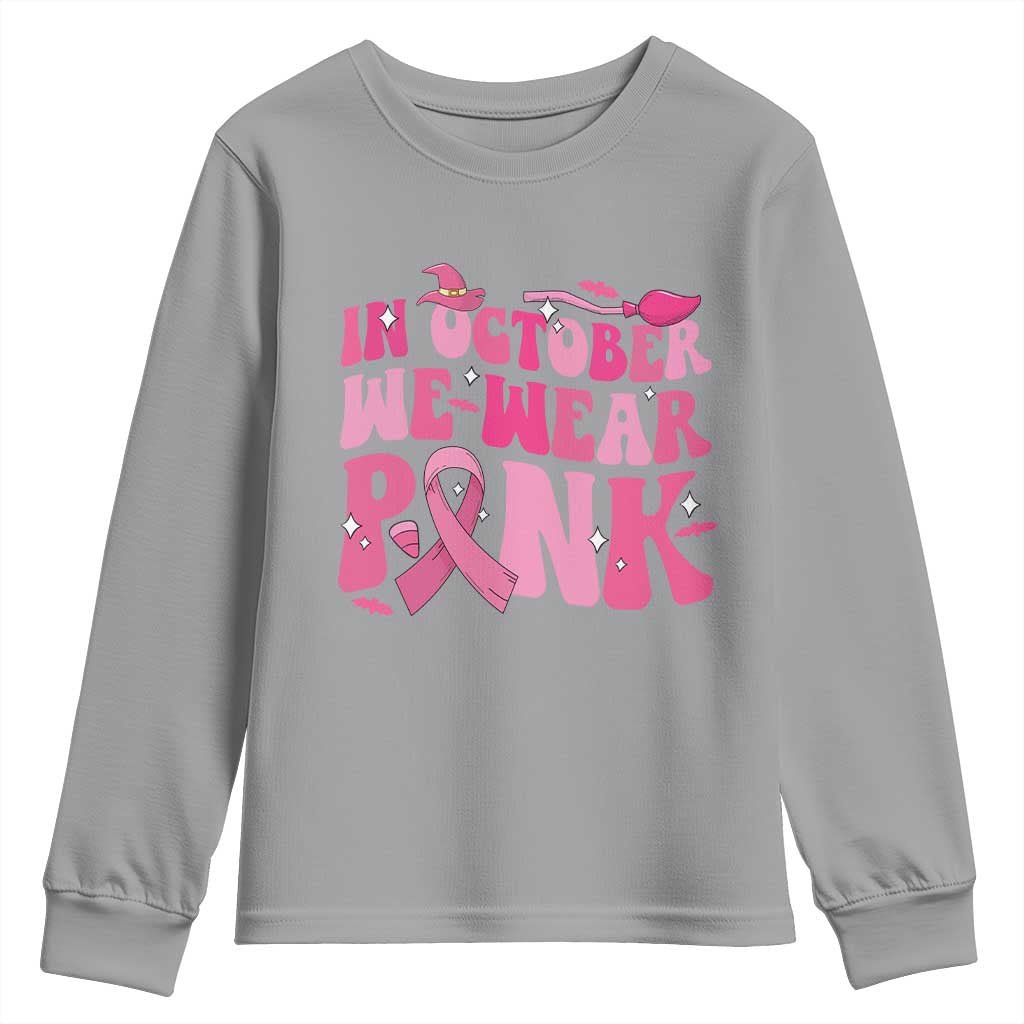 Breast Cancer Witch Support Squad Youth Sweatshirt In October We Wear Pink Ribbon Halloween