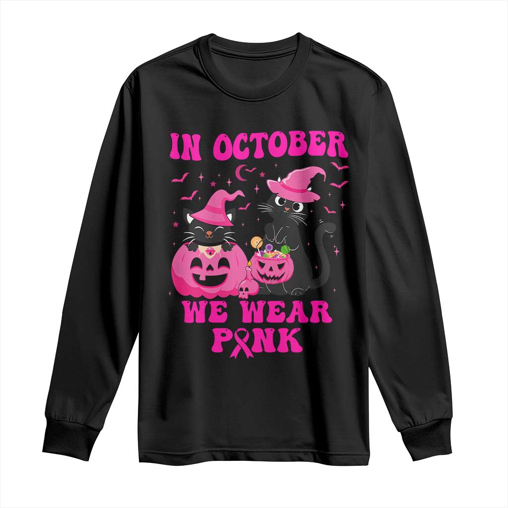 Breast Cancer Black Cat Support Squad Long Sleeve Shirt In October We Wear Pink Halloween