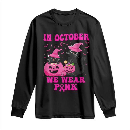 Breast Cancer Black Cat Support Squad Long Sleeve Shirt In October We Wear Pink Halloween