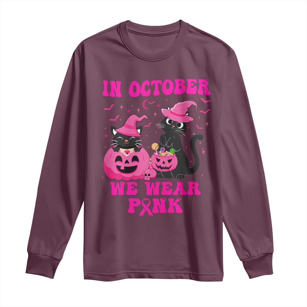 Breast Cancer Black Cat Support Squad Long Sleeve Shirt In October We Wear Pink Halloween