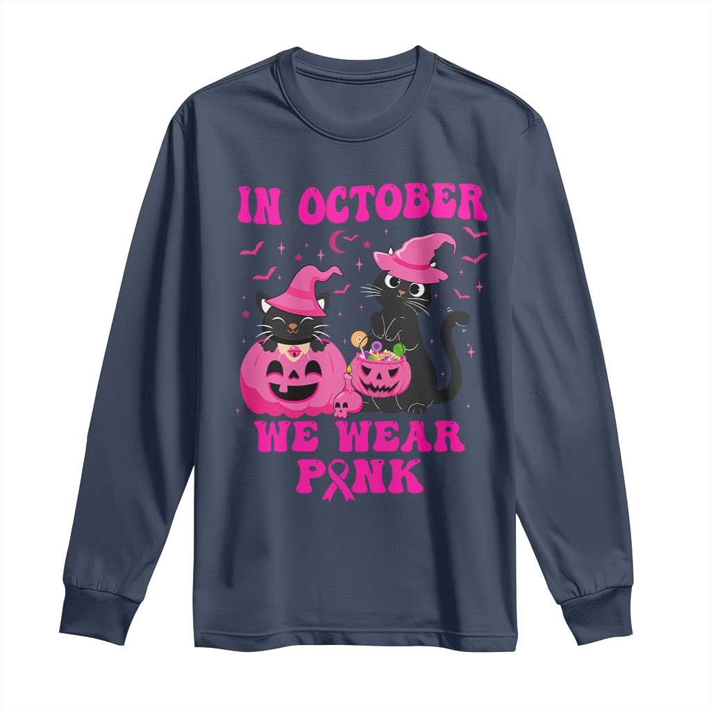 Breast Cancer Black Cat Support Squad Long Sleeve Shirt In October We Wear Pink Halloween