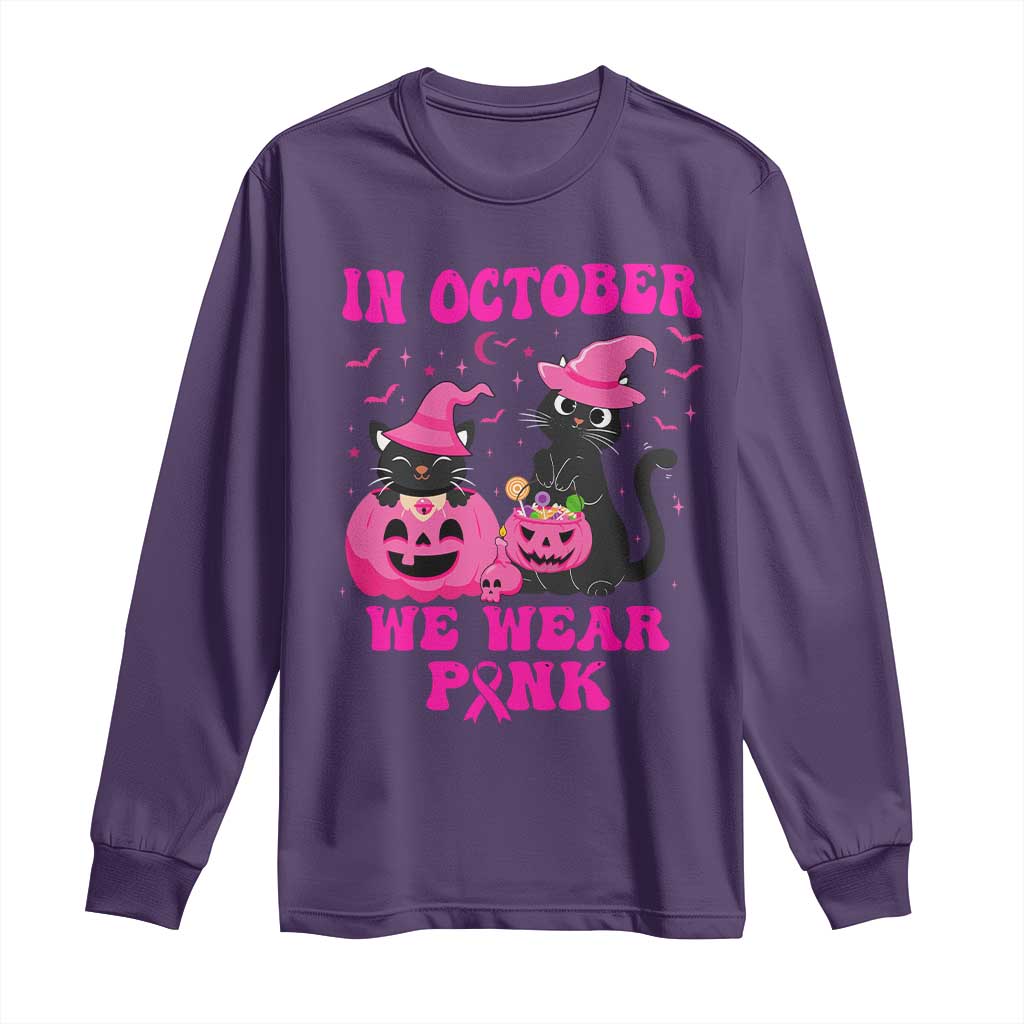 Breast Cancer Black Cat Support Squad Long Sleeve Shirt In October We Wear Pink Halloween