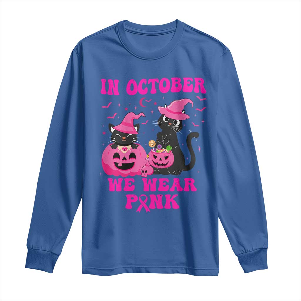 Breast Cancer Black Cat Support Squad Long Sleeve Shirt In October We Wear Pink Halloween