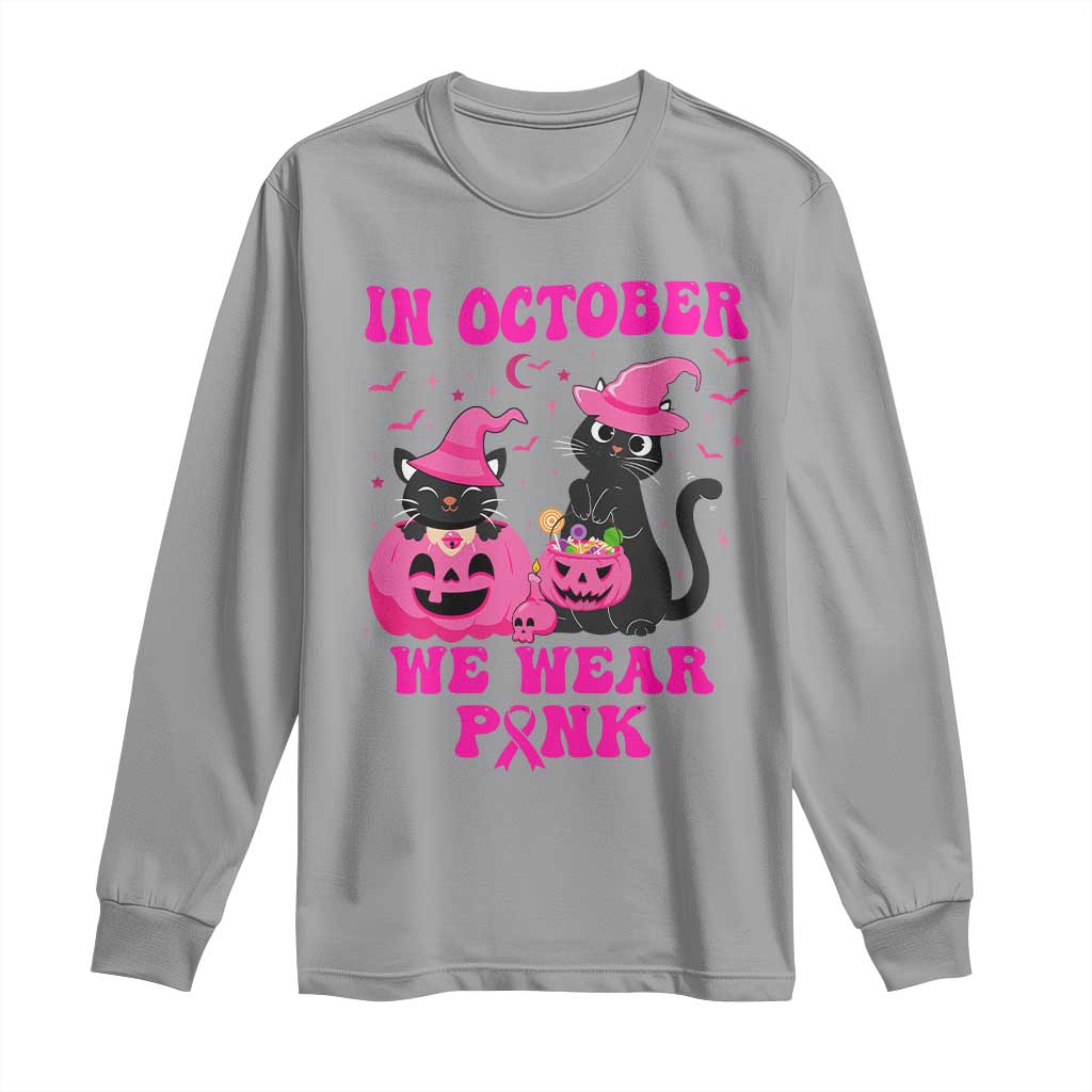 Breast Cancer Black Cat Support Squad Long Sleeve Shirt In October We Wear Pink Halloween