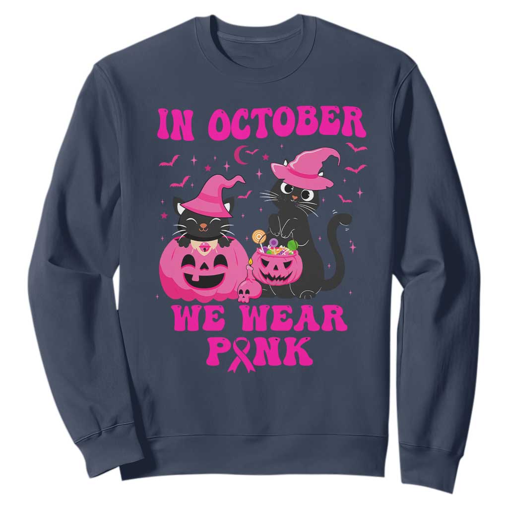 Breast Cancer Black Cat Support Squad Sweatshirt In October We Wear Pink Halloween