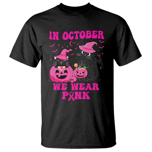 Breast Cancer Black Cat Support Squad T Shirt In October We Wear Pink Halloween