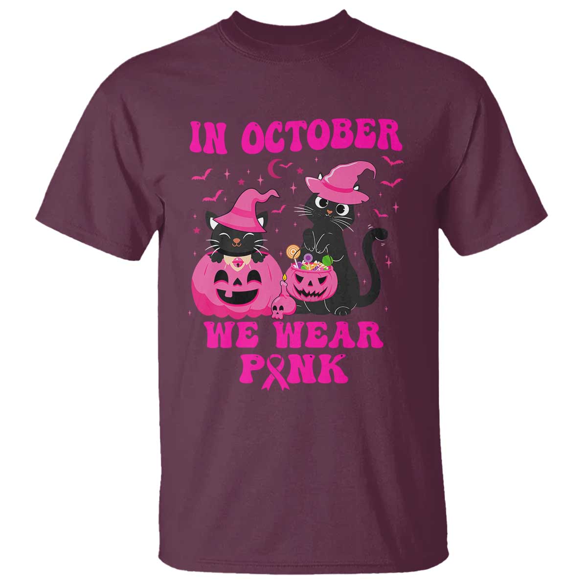 Breast Cancer Black Cat Support Squad T Shirt In October We Wear Pink Halloween
