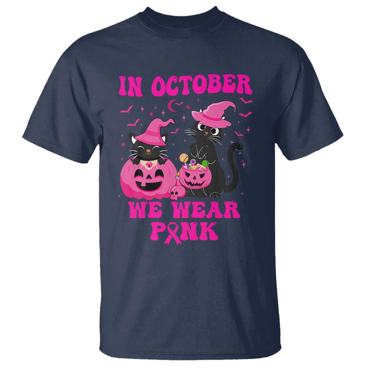 Breast Cancer Black Cat Support Squad T Shirt In October We Wear Pink Halloween