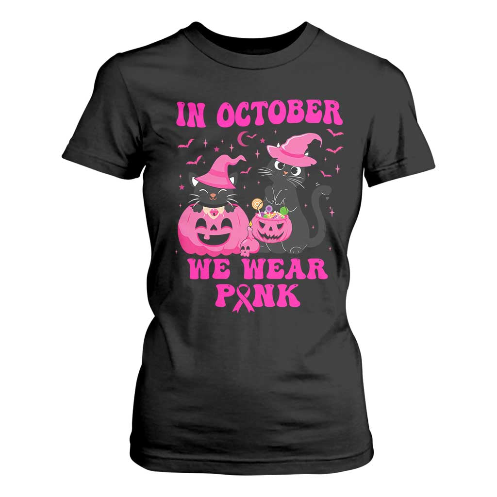 Breast Cancer Black Cat Support Squad T Shirt For Women In October We Wear Pink Halloween