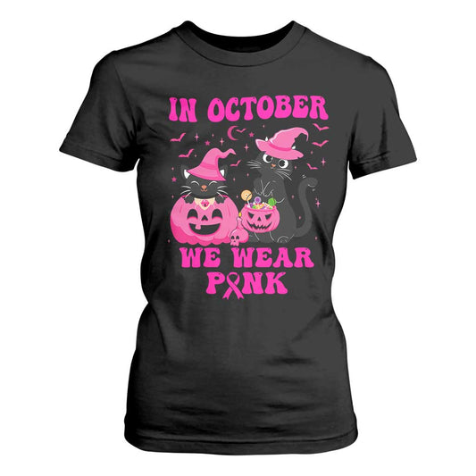 Breast Cancer Black Cat Support Squad T Shirt For Women In October We Wear Pink Halloween