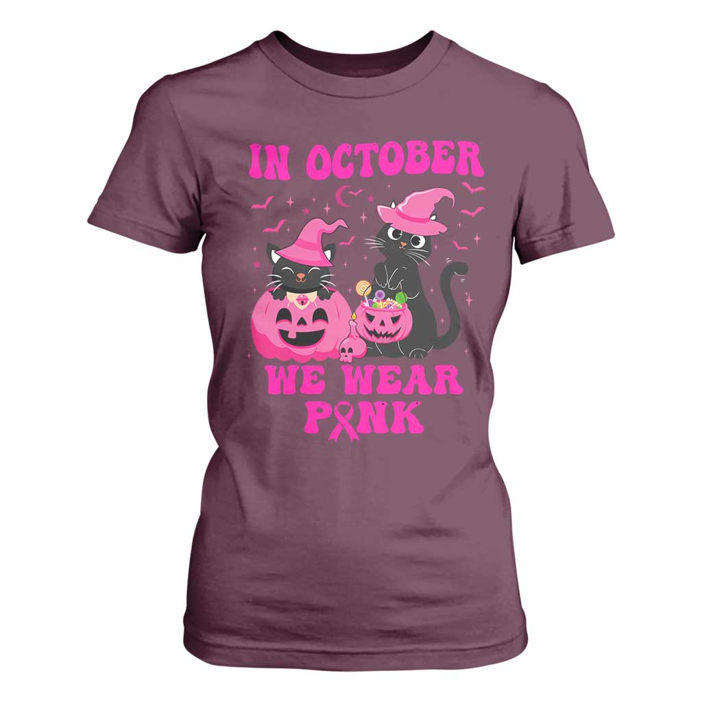Breast Cancer Black Cat Support Squad T Shirt For Women In October We Wear Pink Halloween