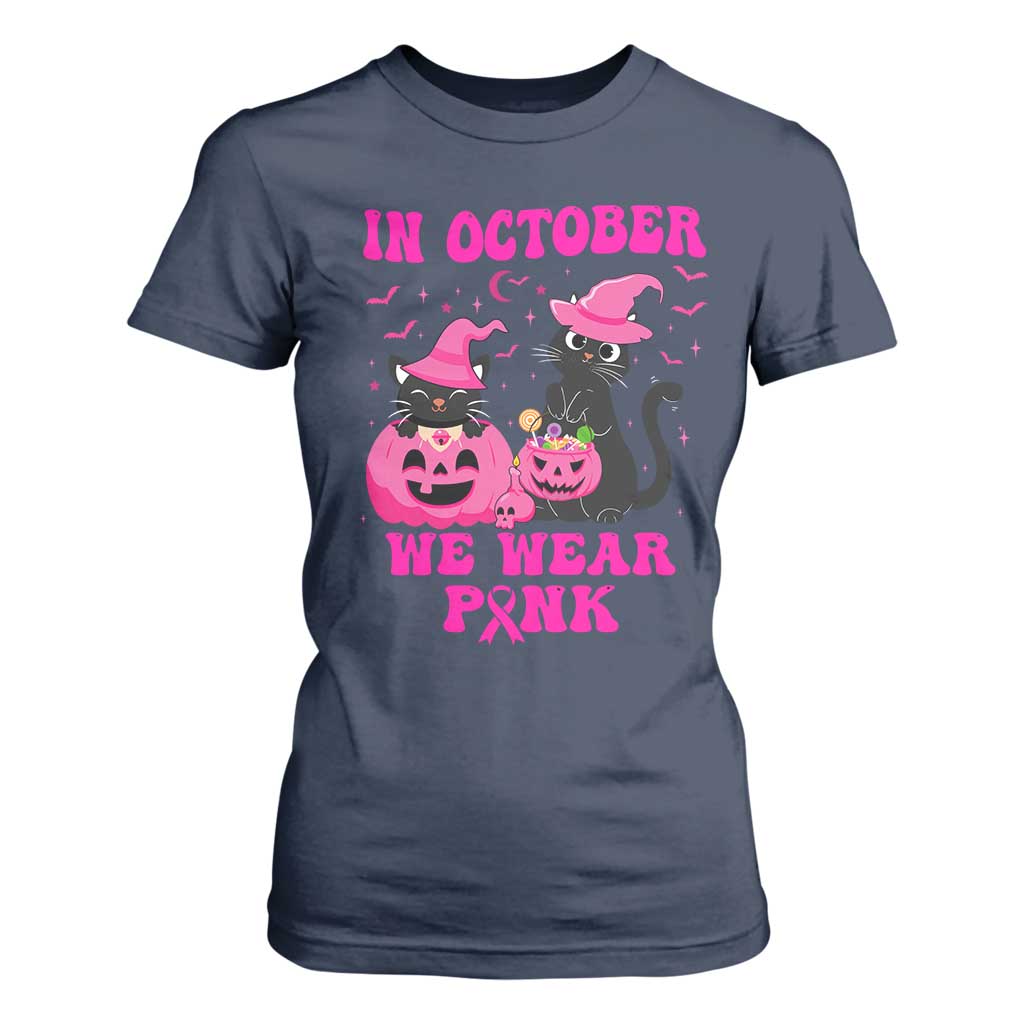 Breast Cancer Black Cat Support Squad T Shirt For Women In October We Wear Pink Halloween