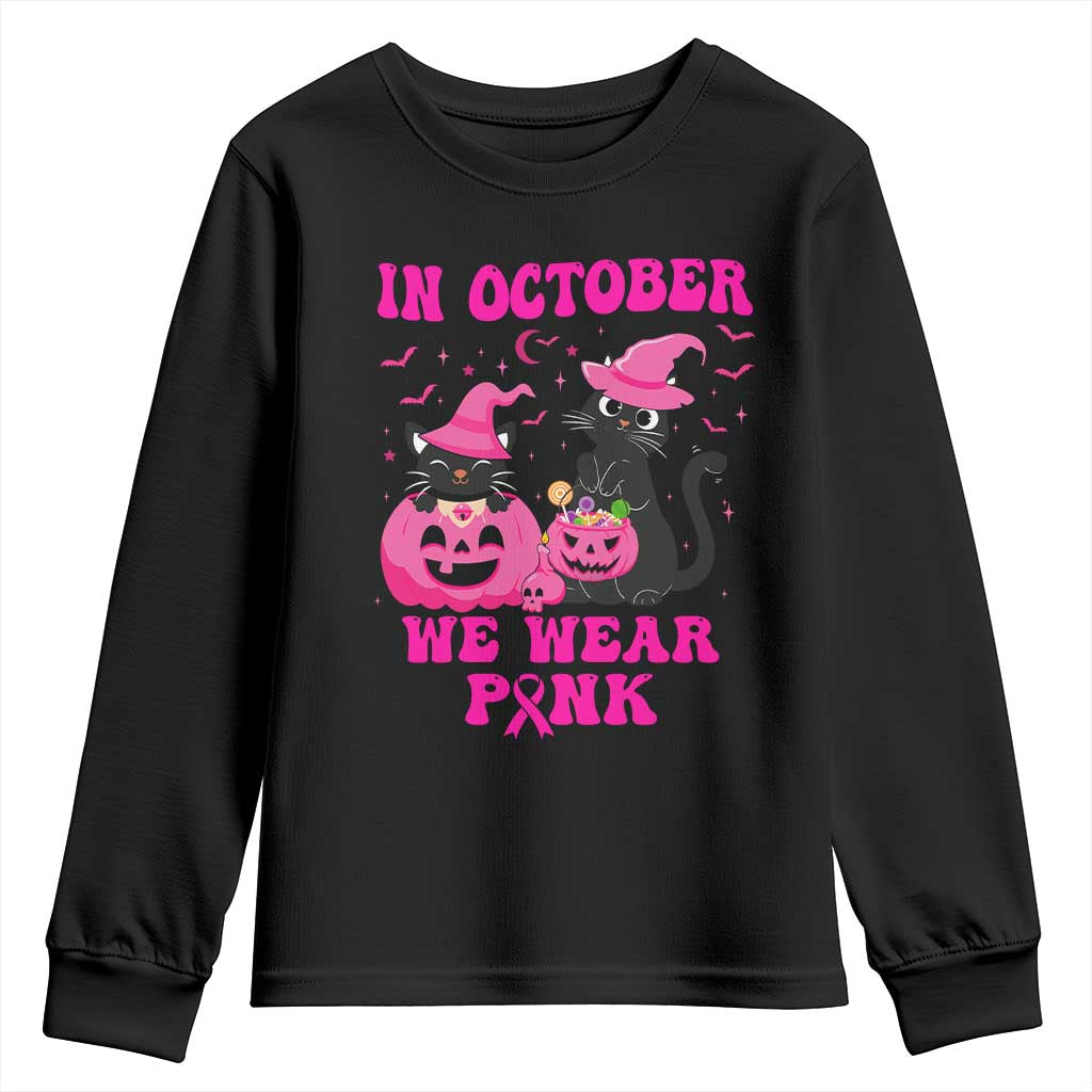 Breast Cancer Black Cat Support Squad Youth Sweatshirt In October We Wear Pink Halloween