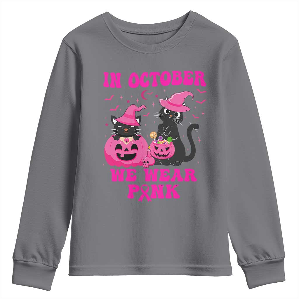 Breast Cancer Black Cat Support Squad Youth Sweatshirt In October We Wear Pink Halloween