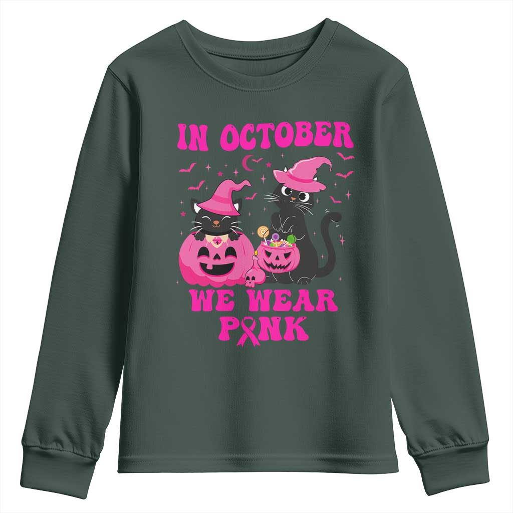Breast Cancer Black Cat Support Squad Youth Sweatshirt In October We Wear Pink Halloween
