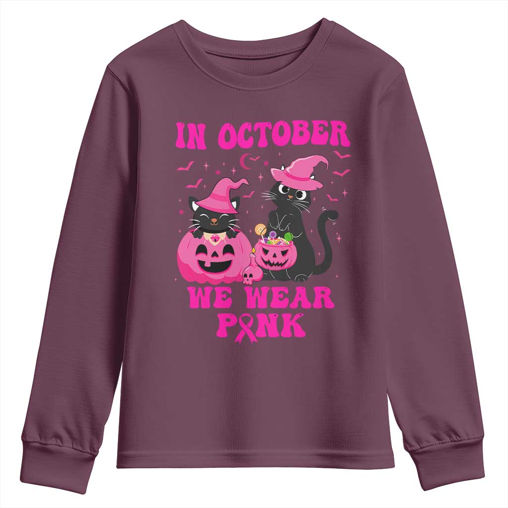 Breast Cancer Black Cat Support Squad Youth Sweatshirt In October We Wear Pink Halloween