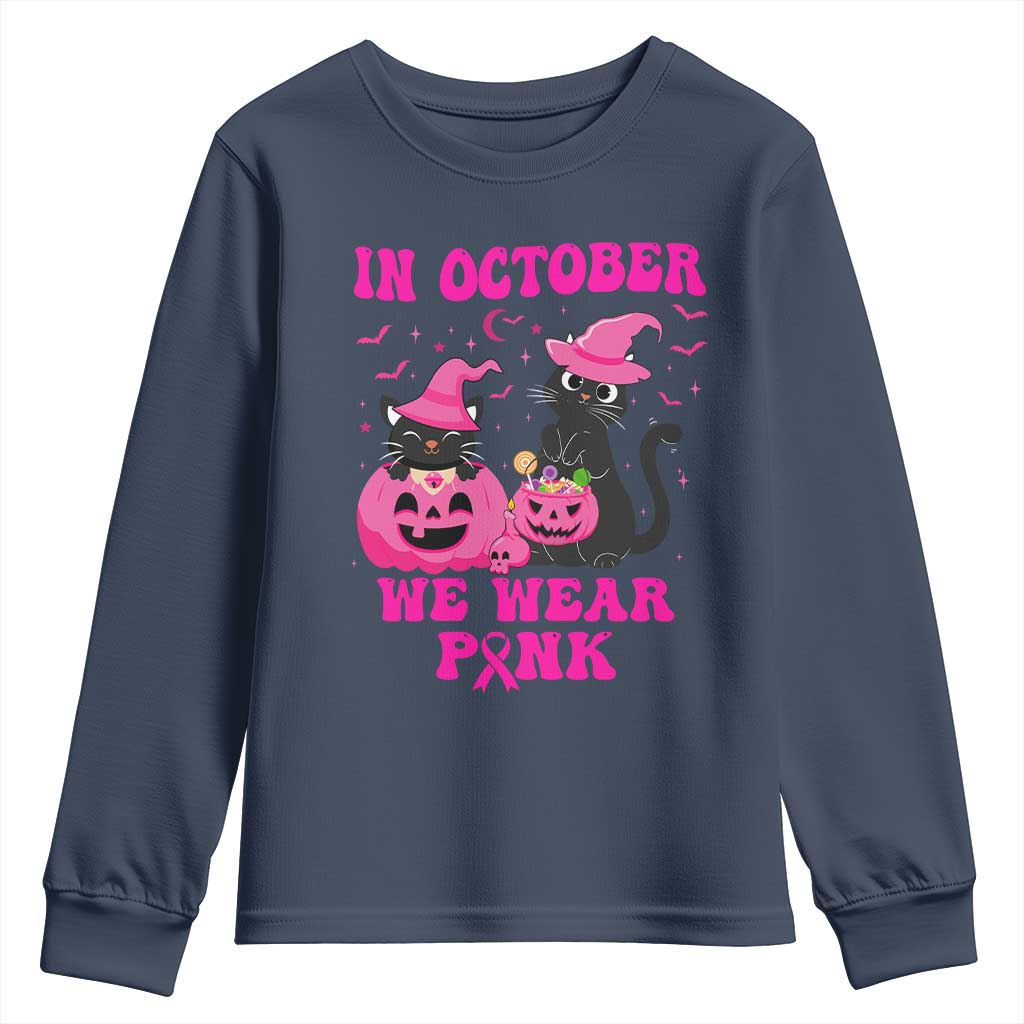 Breast Cancer Black Cat Support Squad Youth Sweatshirt In October We Wear Pink Halloween