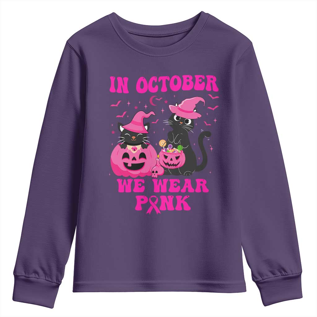 Breast Cancer Black Cat Support Squad Youth Sweatshirt In October We Wear Pink Halloween
