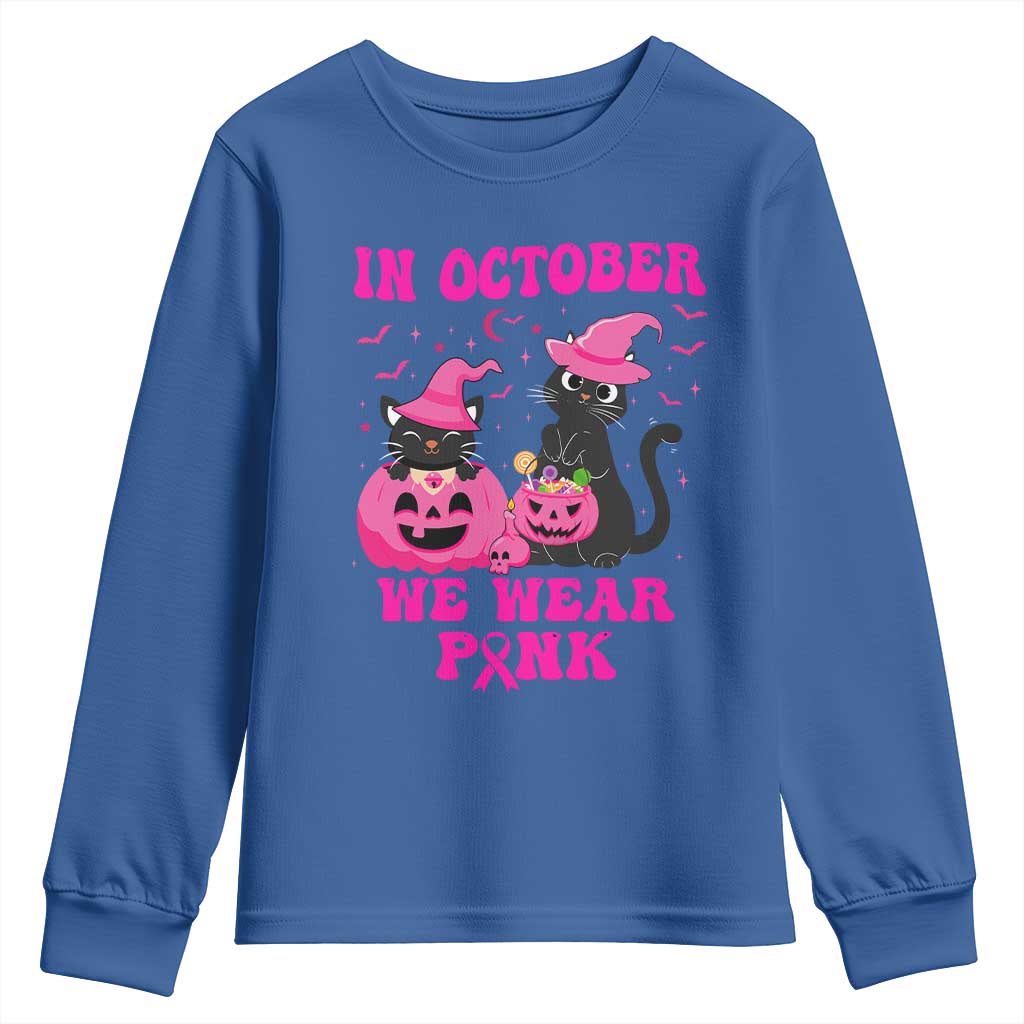 Breast Cancer Black Cat Support Squad Youth Sweatshirt In October We Wear Pink Halloween