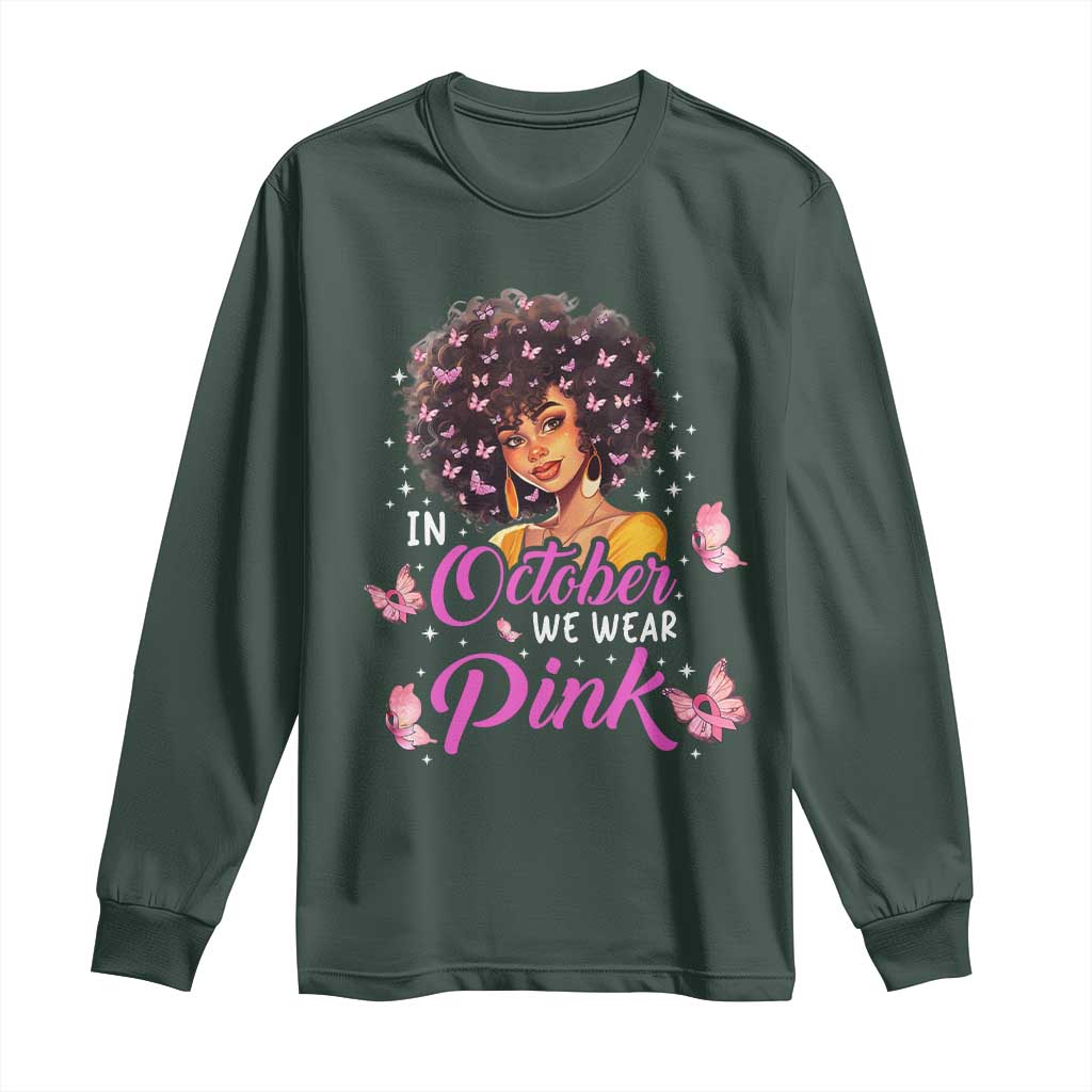 Breast Cancer Warrior Support Squad Long Sleeve Shirt In October We Wear Pink Ribbon Black Afro Women