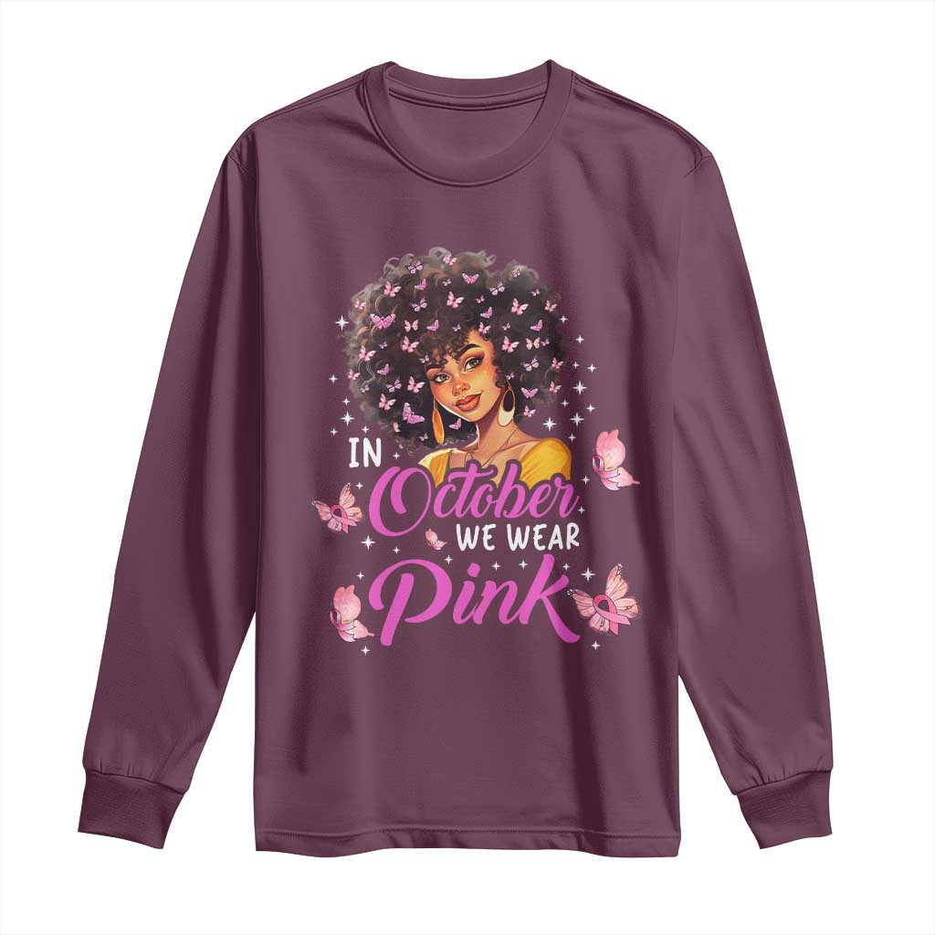 Breast Cancer Warrior Support Squad Long Sleeve Shirt In October We Wear Pink Ribbon Black Afro Women