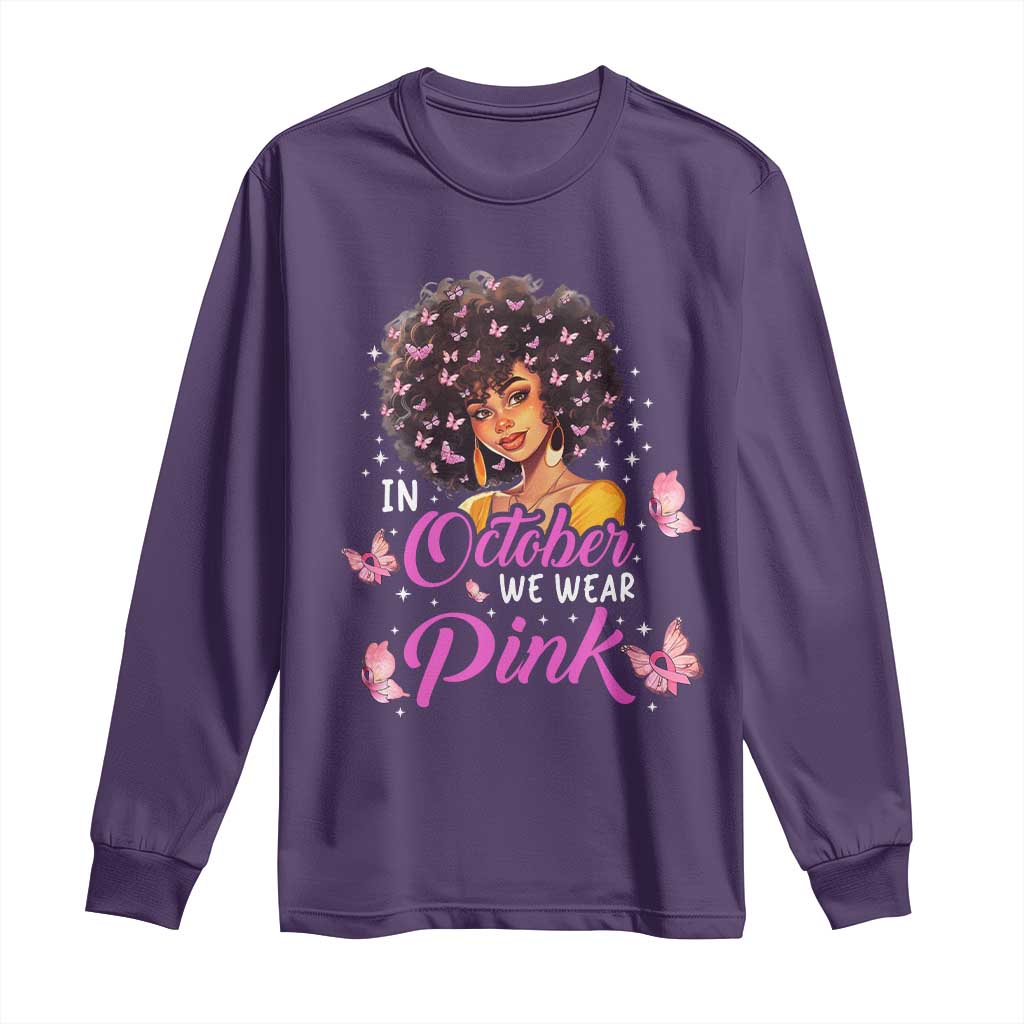 Breast Cancer Warrior Support Squad Long Sleeve Shirt In October We Wear Pink Ribbon Black Afro Women