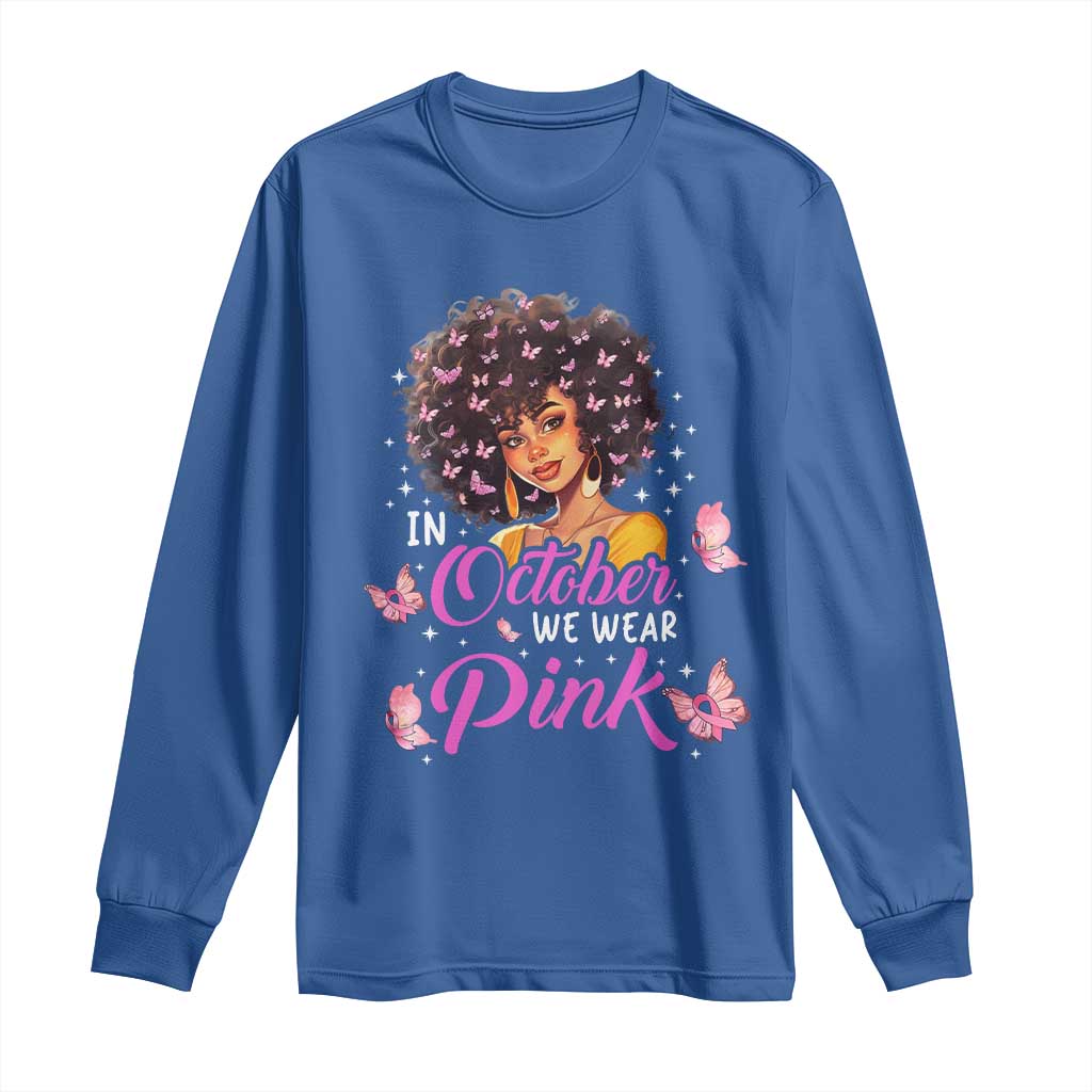 Breast Cancer Warrior Support Squad Long Sleeve Shirt In October We Wear Pink Ribbon Black Afro Women