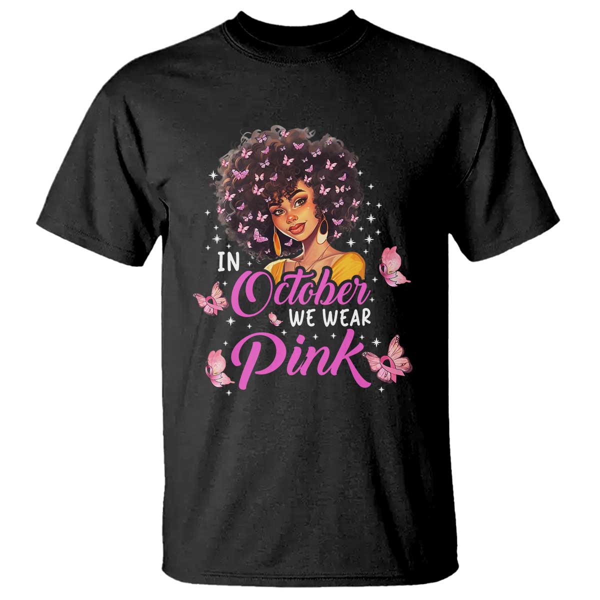 Breast Cancer Warrior Support Squad T Shirt In October We Wear Pink Ribbon Black Afro Women