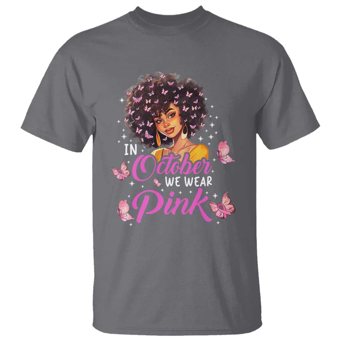 Breast Cancer Warrior Support Squad T Shirt In October We Wear Pink Ribbon Black Afro Women