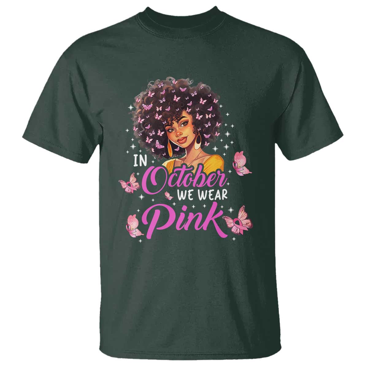 Breast Cancer Warrior Support Squad T Shirt In October We Wear Pink Ribbon Black Afro Women