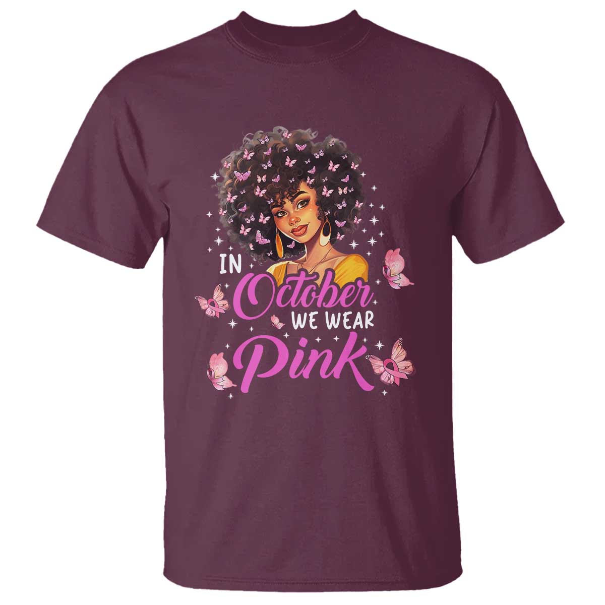 Breast Cancer Warrior Support Squad T Shirt In October We Wear Pink Ribbon Black Afro Women