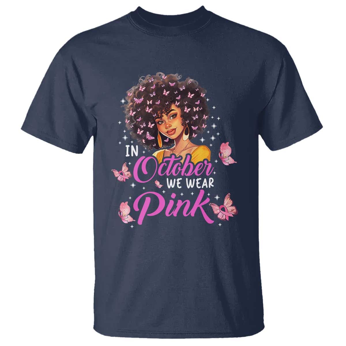 Breast Cancer Warrior Support Squad T Shirt In October We Wear Pink Ribbon Black Afro Women