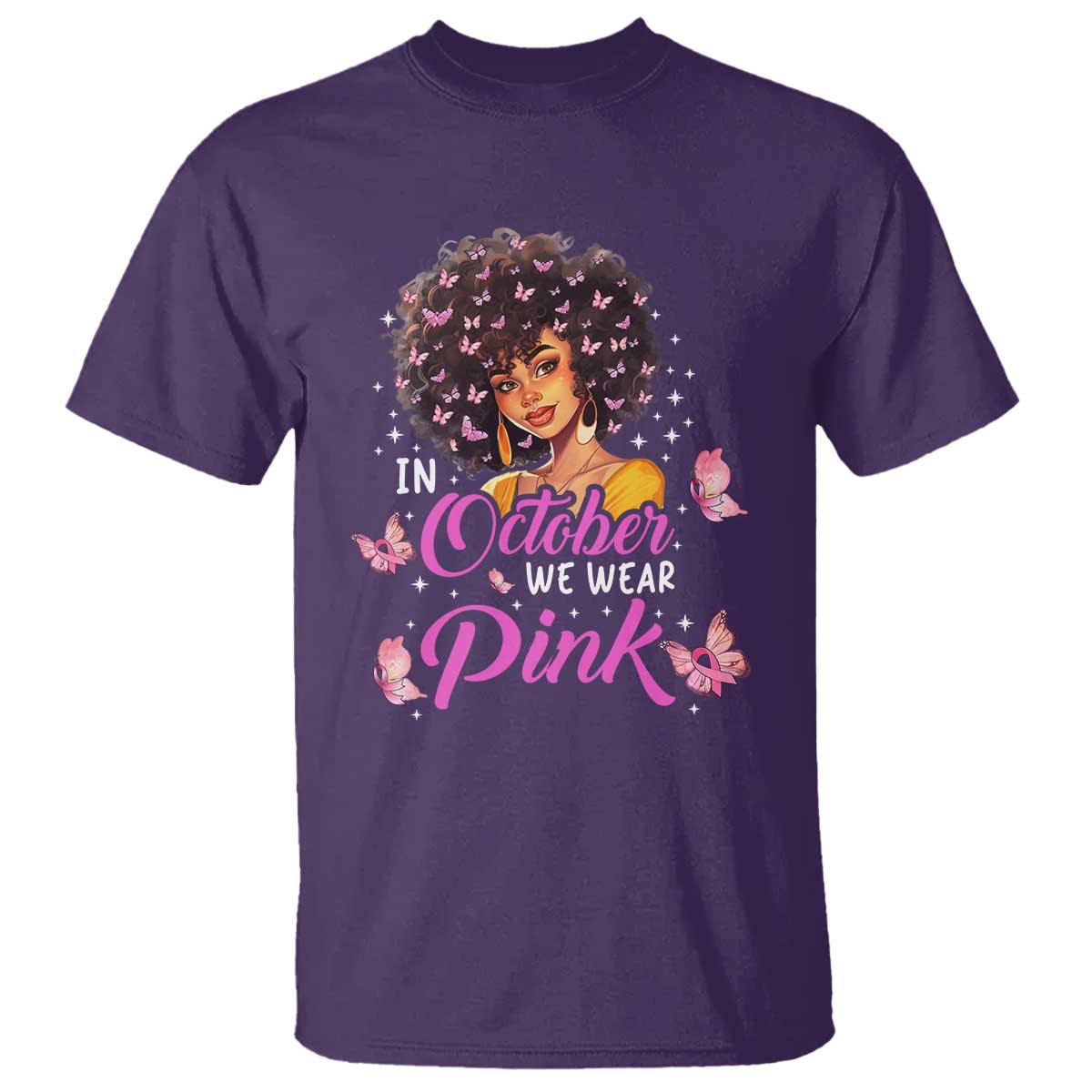 Breast Cancer Warrior Support Squad T Shirt In October We Wear Pink Ribbon Black Afro Women