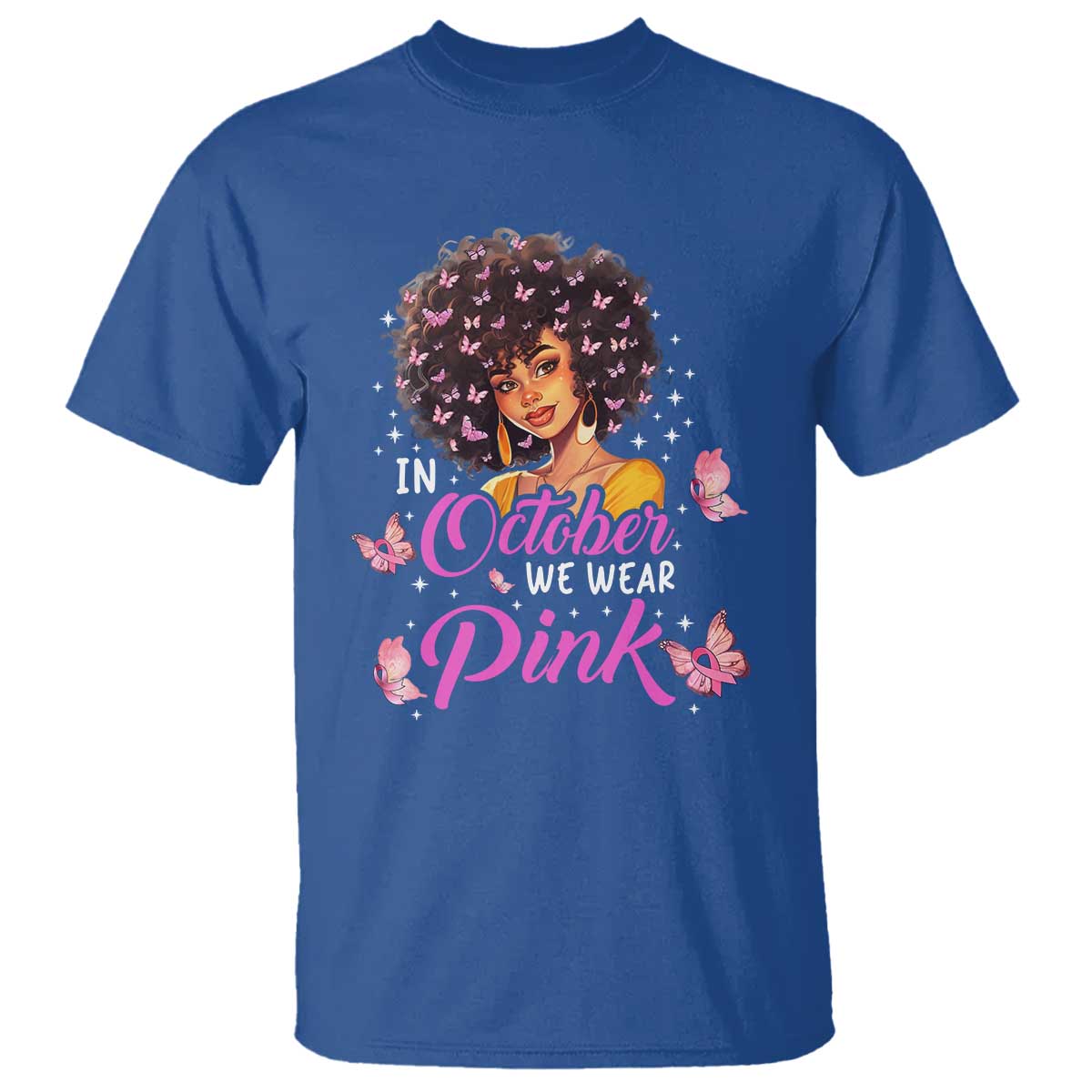 Breast Cancer Warrior Support Squad T Shirt In October We Wear Pink Ribbon Black Afro Women