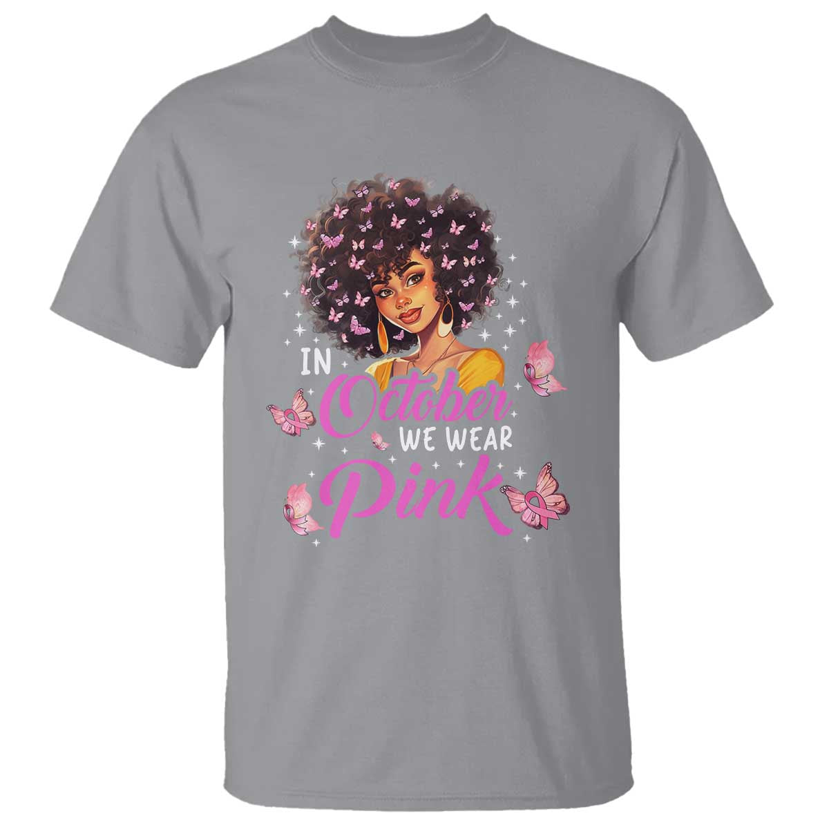 Breast Cancer Warrior Support Squad T Shirt In October We Wear Pink Ribbon Black Afro Women