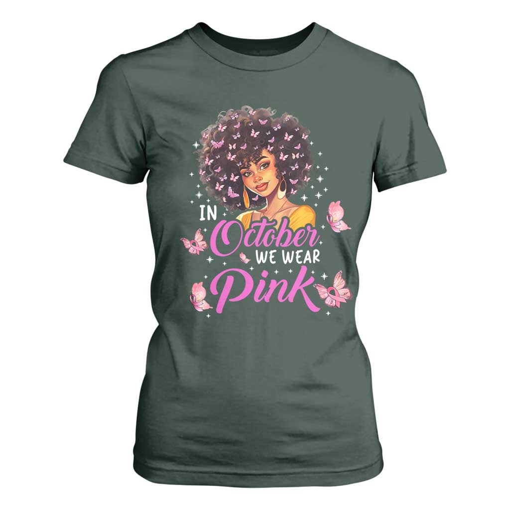 Breast Cancer Warrior Support Squad T Shirt For Women In October We Wear Pink Ribbon Black Afro Women