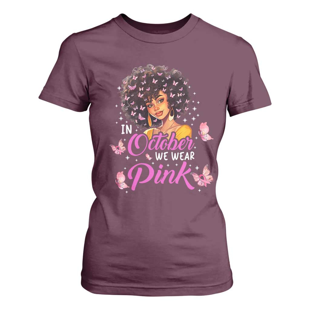 Breast Cancer Warrior Support Squad T Shirt For Women In October We Wear Pink Ribbon Black Afro Women