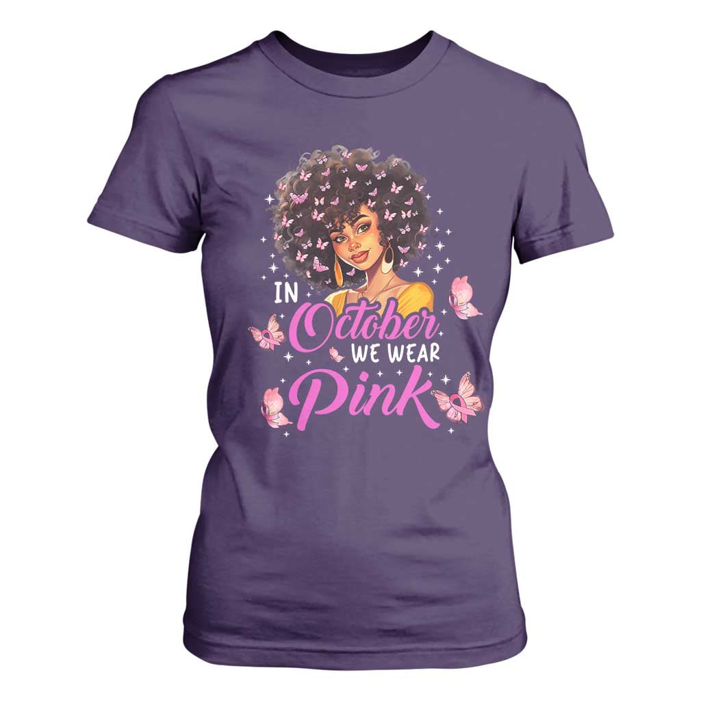 Breast Cancer Warrior Support Squad T Shirt For Women In October We Wear Pink Ribbon Black Afro Women