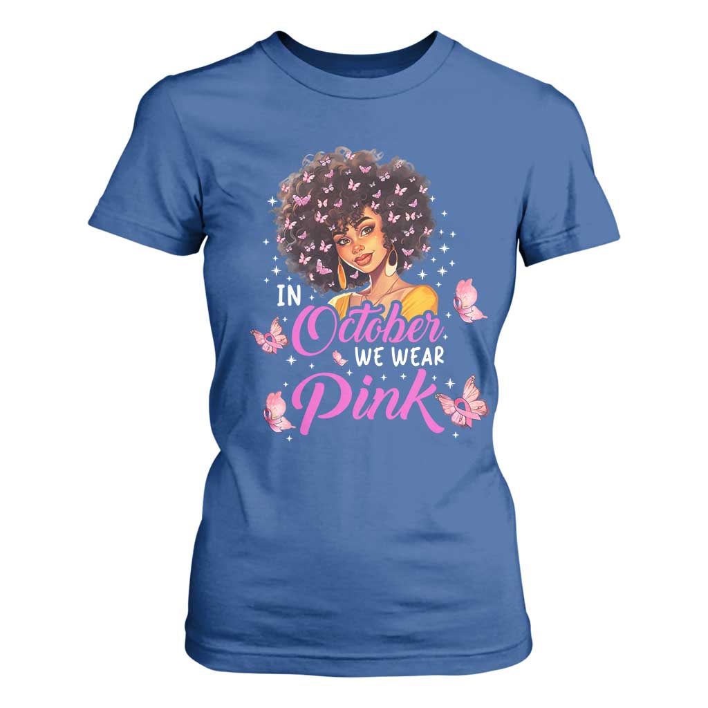 Breast Cancer Warrior Support Squad T Shirt For Women In October We Wear Pink Ribbon Black Afro Women