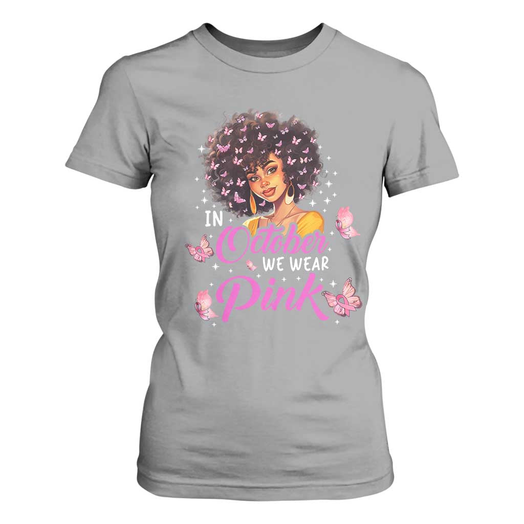 Breast Cancer Warrior Support Squad T Shirt For Women In October We Wear Pink Ribbon Black Afro Women
