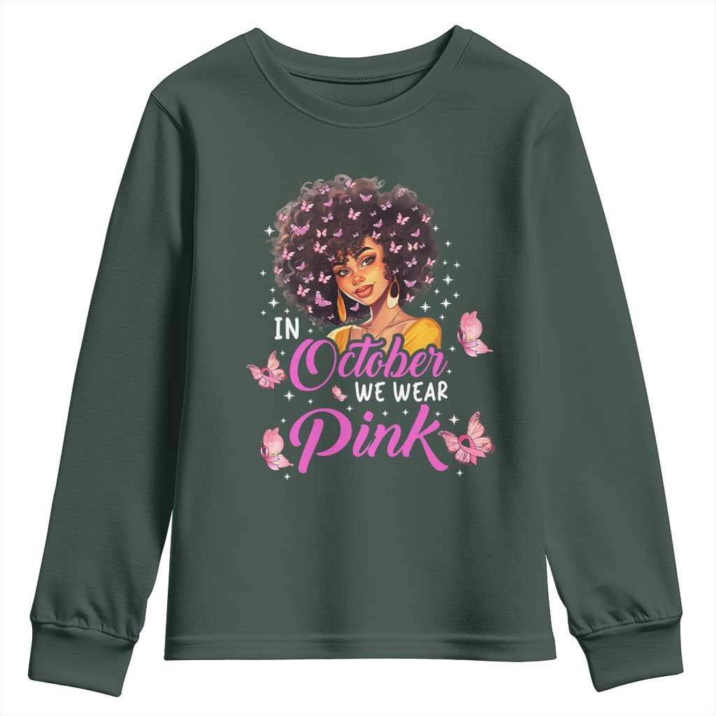 Breast Cancer Warrior Support Squad Youth Sweatshirt In October We Wear Pink Ribbon Black Afro Women