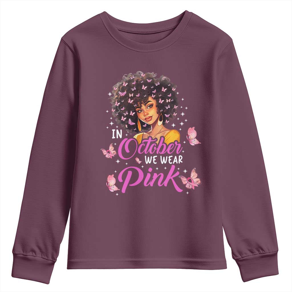 Breast Cancer Warrior Support Squad Youth Sweatshirt In October We Wear Pink Ribbon Black Afro Women