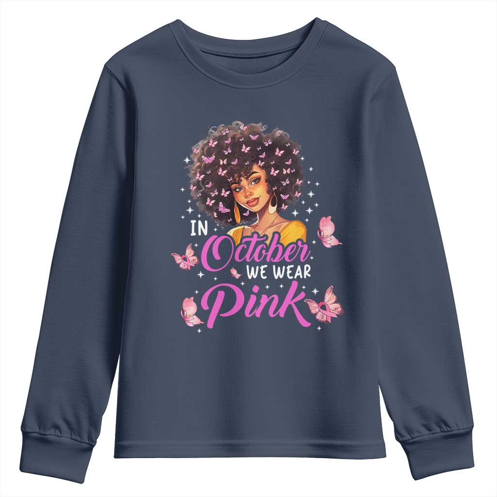 Breast Cancer Warrior Support Squad Youth Sweatshirt In October We Wear Pink Ribbon Black Afro Women