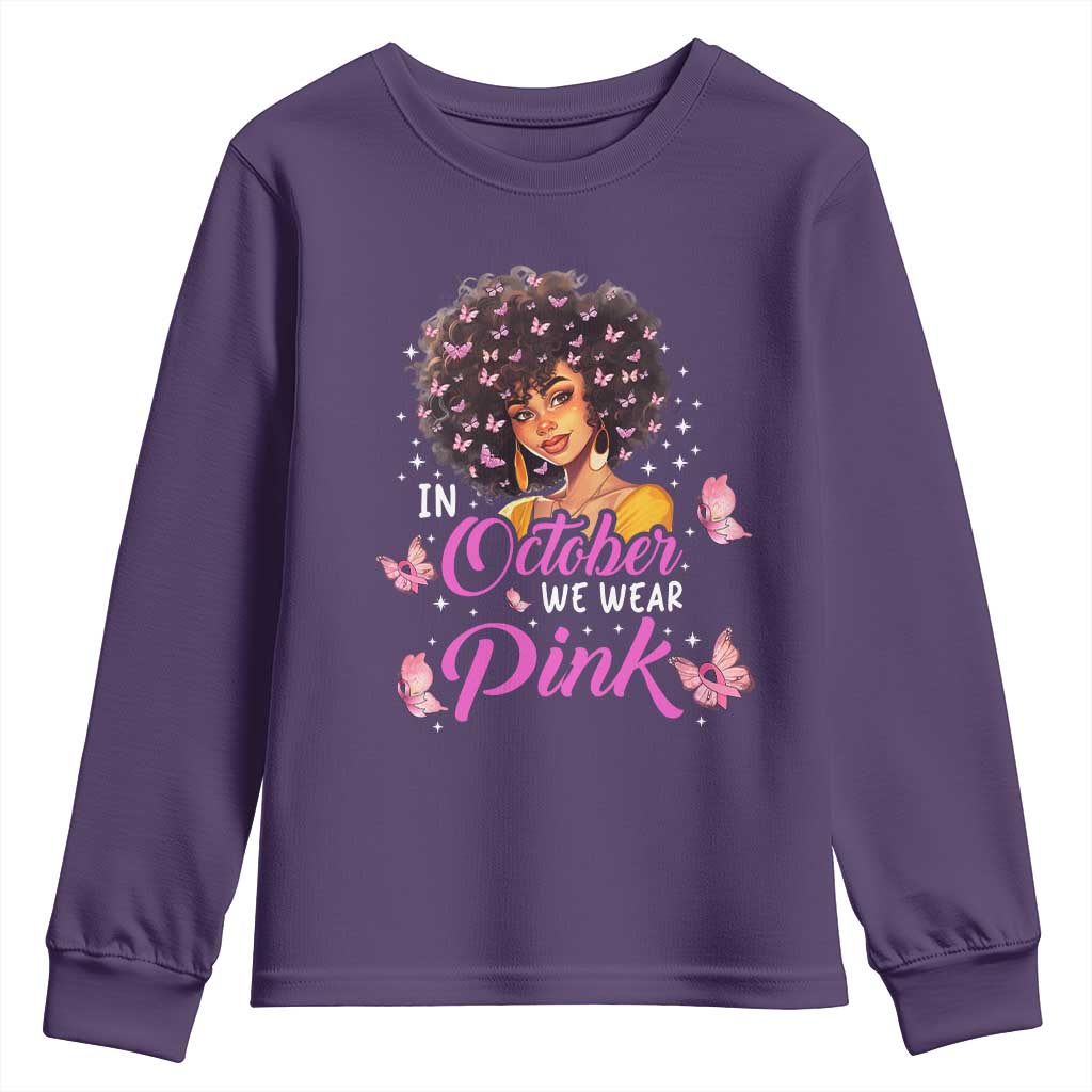 Breast Cancer Warrior Support Squad Youth Sweatshirt In October We Wear Pink Ribbon Black Afro Women