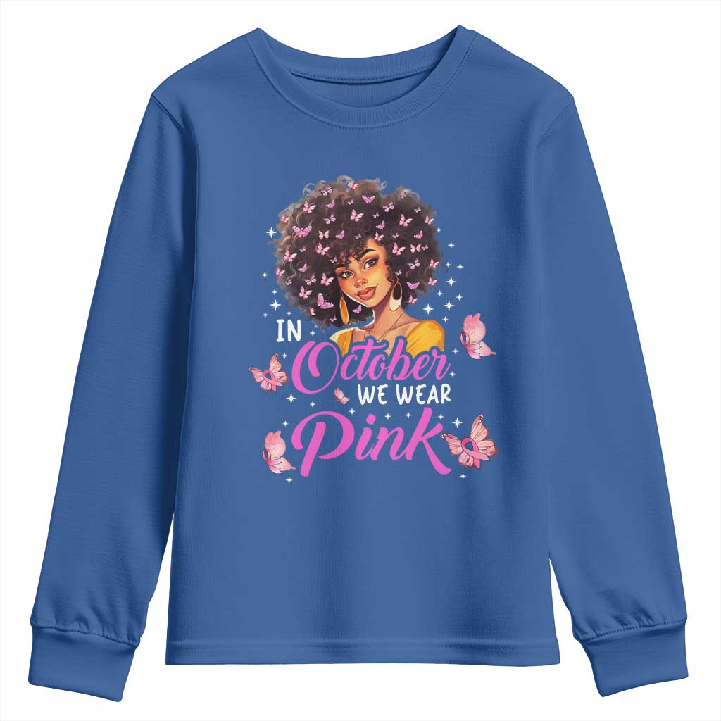 Breast Cancer Warrior Support Squad Youth Sweatshirt In October We Wear Pink Ribbon Black Afro Women