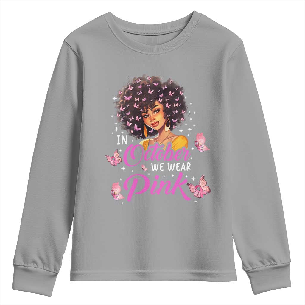 Breast Cancer Warrior Support Squad Youth Sweatshirt In October We Wear Pink Ribbon Black Afro Women