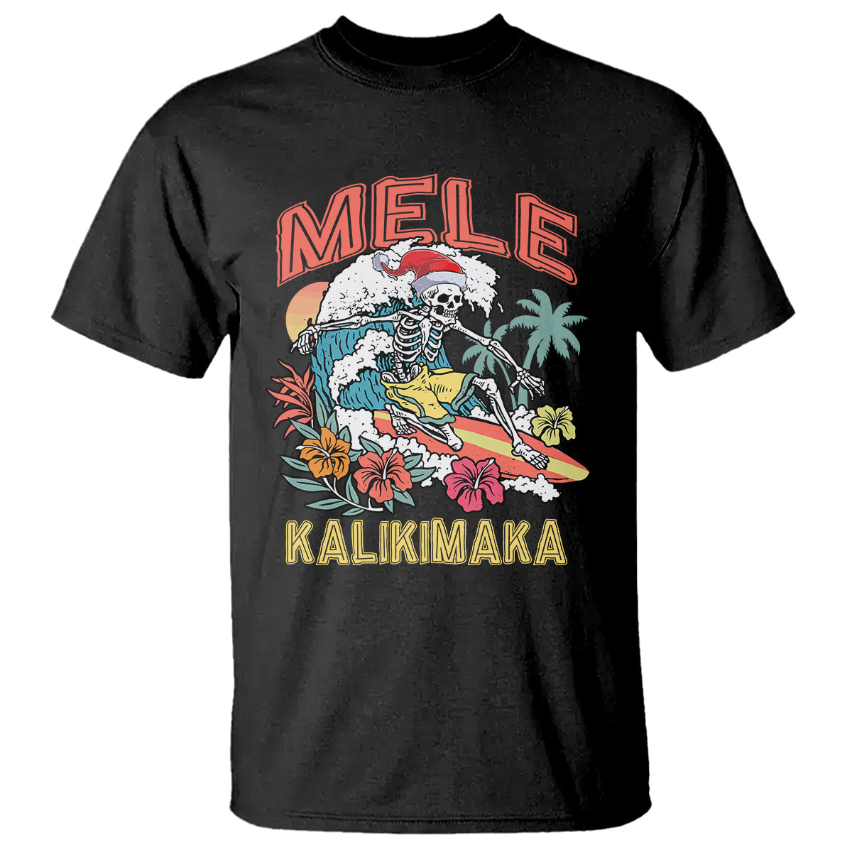 mele-kalikimaka-hawaiian-christmas-tropical-xmas-surfing-skeleton-t-shirt