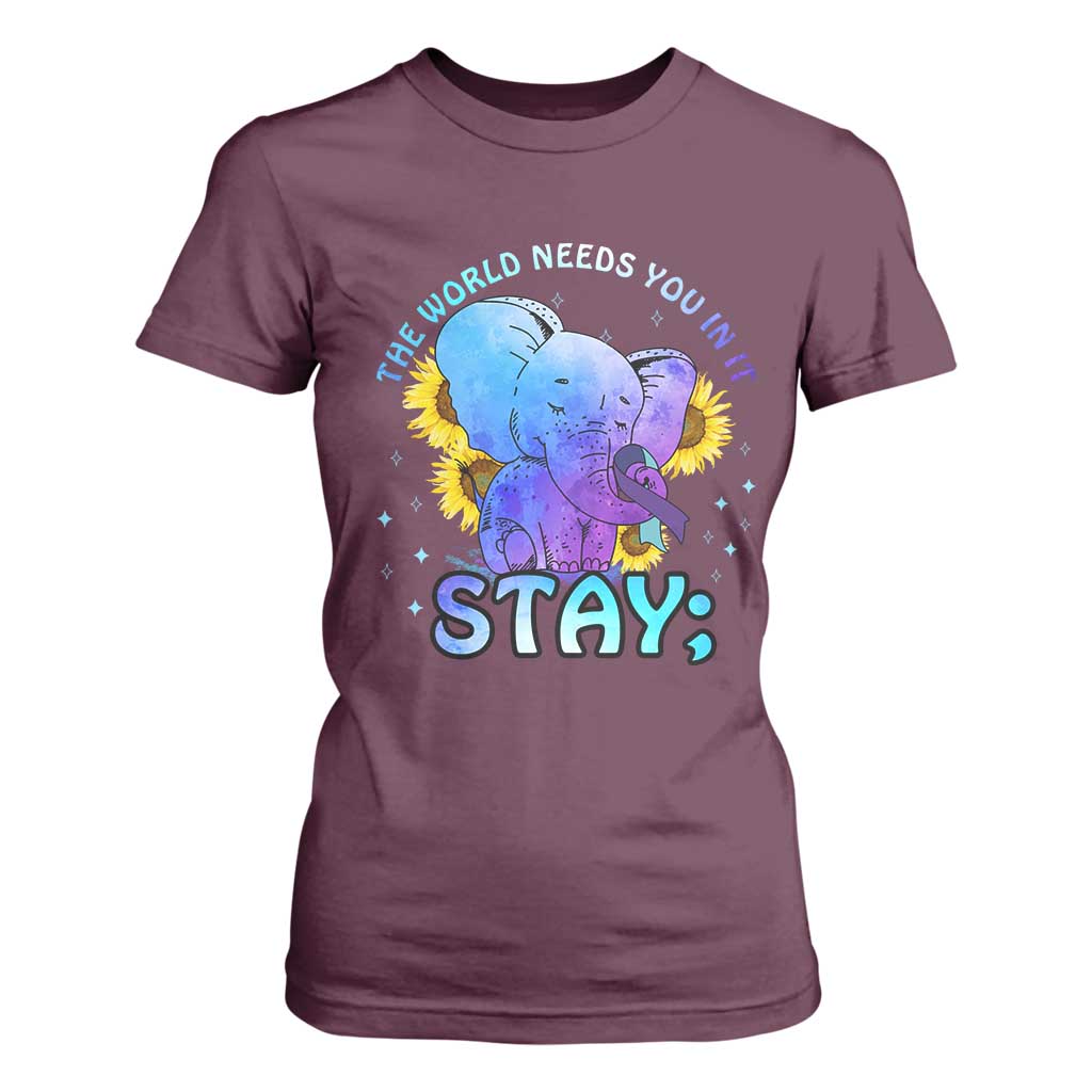 Suicide Prevention Support T Shirt For Women Stay The World Needs You Elephant 988