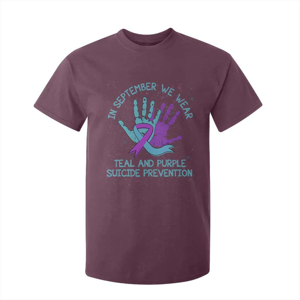 Suicide Prevention Support T Shirt For Kid In September We Wear Teal Purple Ribbon