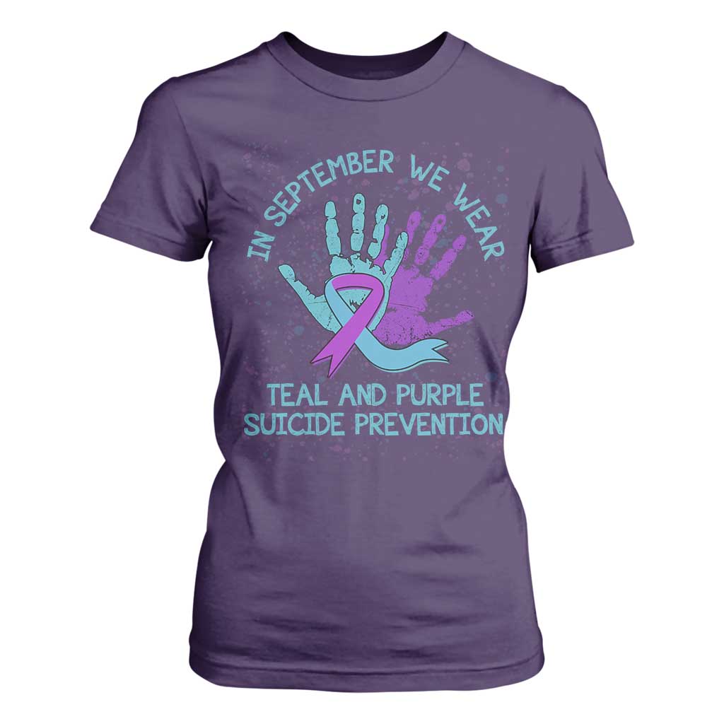 Suicide Prevention Support T Shirt For Women In September We Wear Teal Purple Ribbon